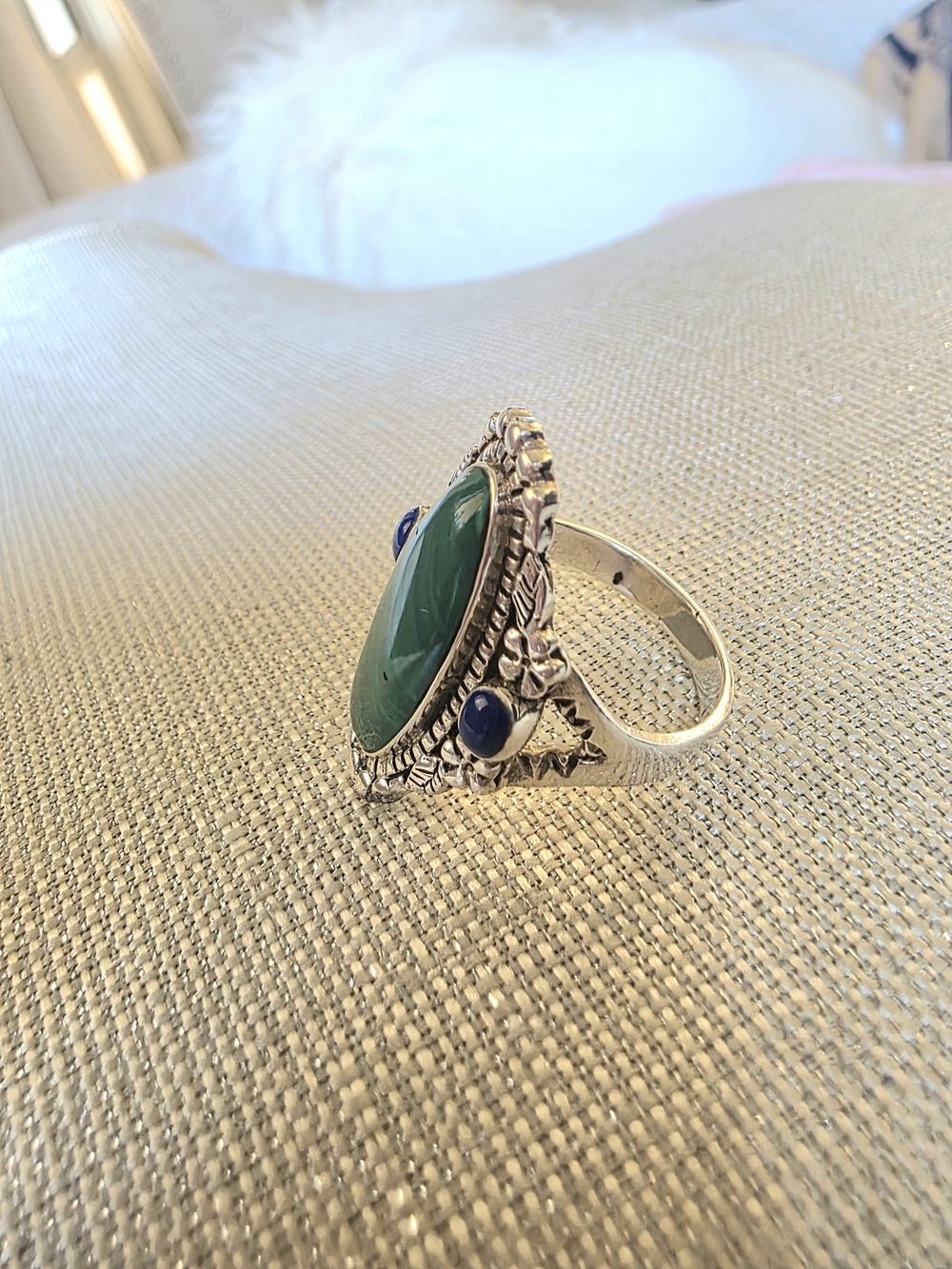 925 Sterling Silver Green Malachite & Blue Stone Statement Ring Size 8 - Picture 6 of 13